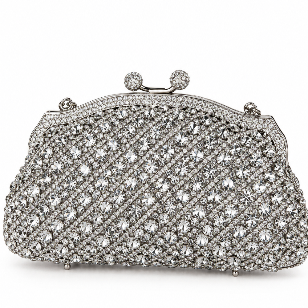 Silver Crystal Embellished Evening Clutch Bag